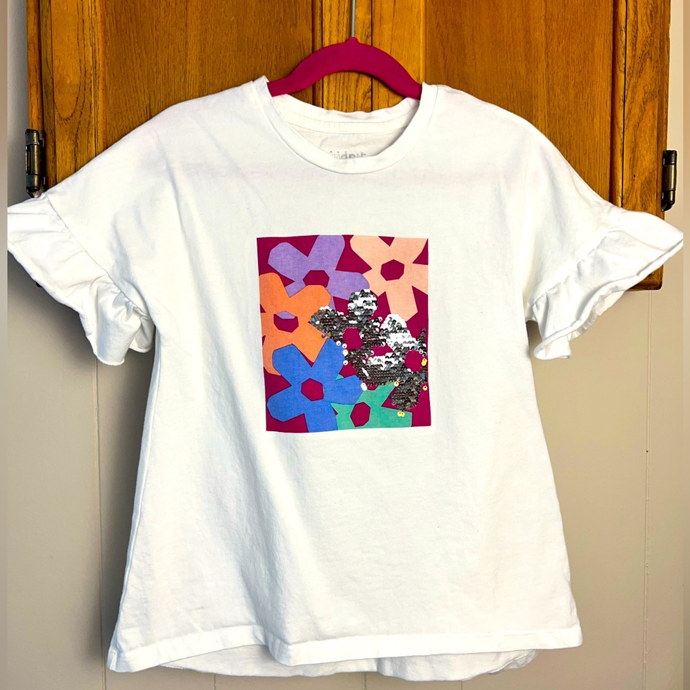 NWOT Kidpik floral sequin t-shirt w/ ruffle sleeve, Girl’s L (12)